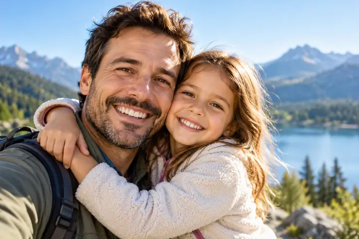 Klares Familienporträt eines Vaters und seiner Tochter, die gemeinsam in hellem Tageslicht lächeln.