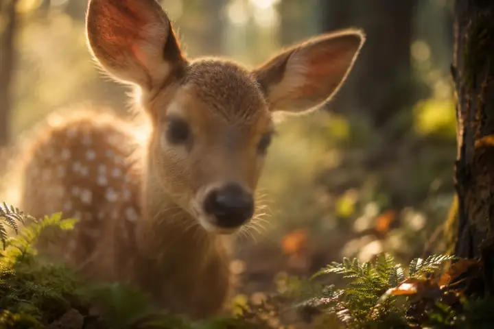 Weiches Nahporträt eines jungen Rehs mit verschwommenem warmem Fell und undeutlichen Augen im Wald.