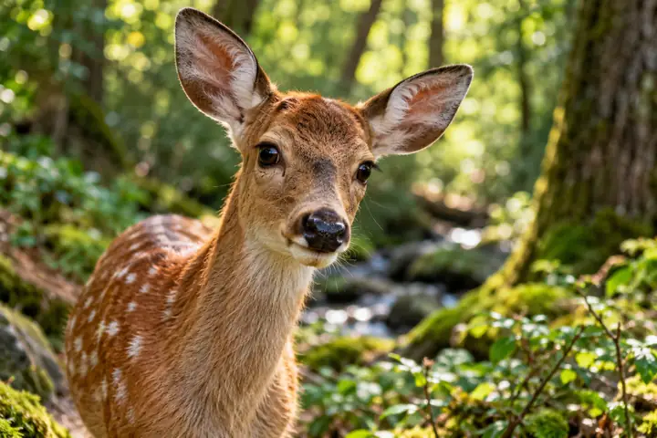 Scharfes Nahporträt eines jungen Rehs mit warmem Fell und wachen Augen in einem grünen Wald.