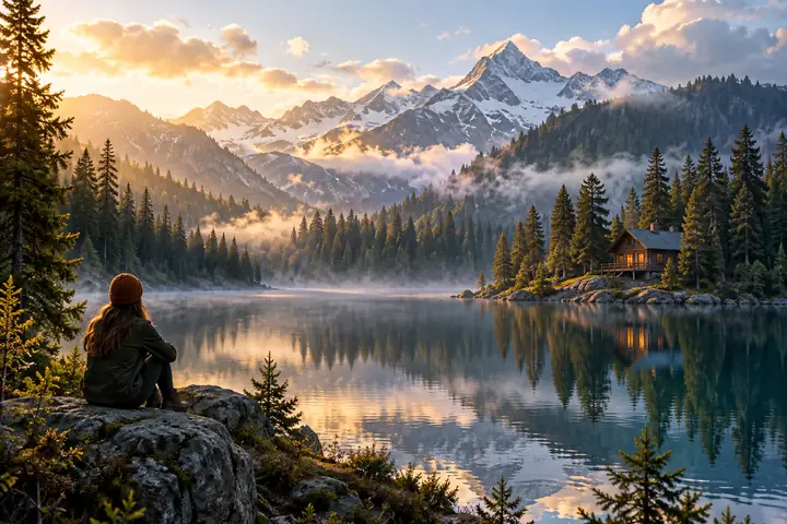 Weiche Bergseelandschaft mit verschwommenem immergrünem Wald, einer Hütte und reflektierendem Wasser.