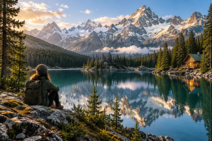Scharfe Bergseelandschaft mit geschichtetem immergrünem Wald, einer Hütte und reflektierendem Wasser.