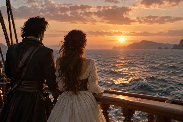 Weiche cinematische Meeresaufnahme mit zwei Personen auf dem Deck eines Schiffs unter einem gedämpften Sonnenuntergang.