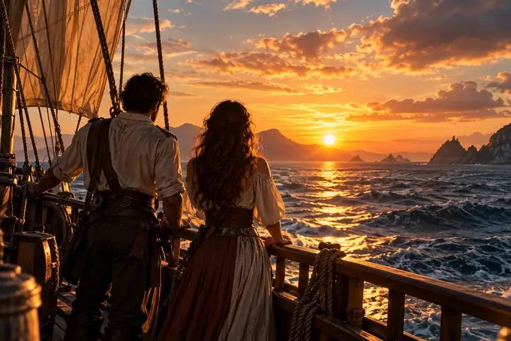 Cinematische Meeresaufnahme mit zwei Personen auf dem Deck eines Schiffs, dargestellt mit klaren Sonnenuntergangsdetails.