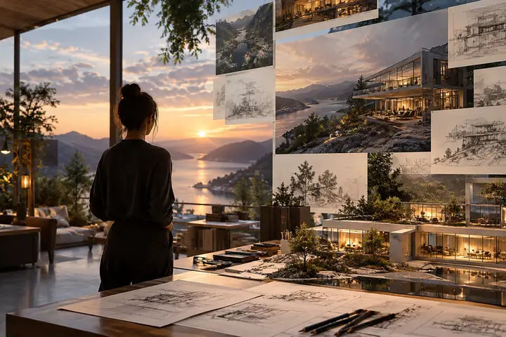 Detaillierte architektonische Konzeptzeichnung mit scharfen Linien und mehreren visuellen Ebenen.