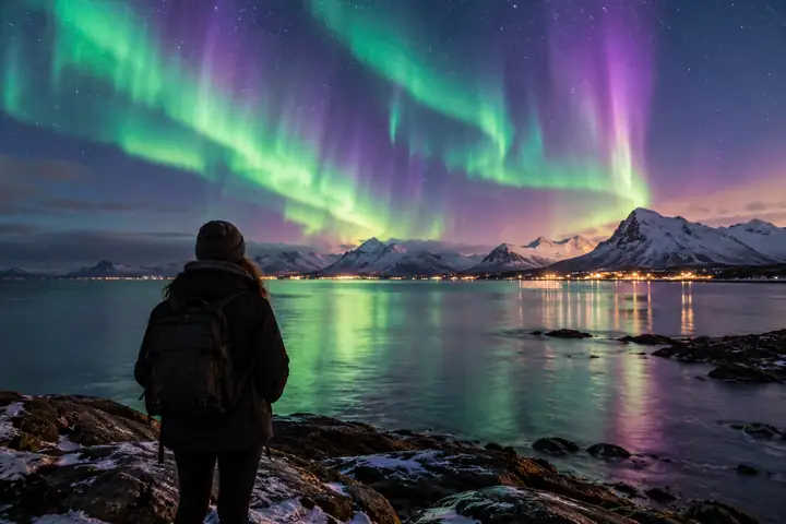 Weiche Polarlicht-Landschaftsaufnahme mit verschwommenen Sternen und entferntem Ufer.