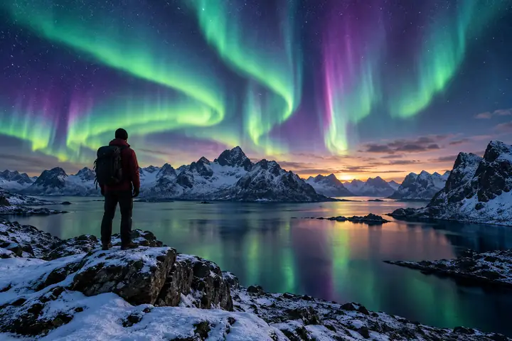 Klarer Polarlicht-Landschaftsaufnahme, vorbereitet für einen Druck im Großformat.