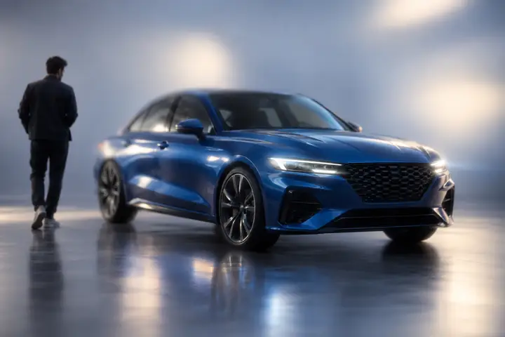 Weiches Studio-Produktfoto eines blauen Fahrzeugs mit verschwommenen Spiegelungen und weicheren Kanten.
