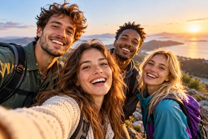 Helles Lifestyle-Foto für soziale Medien mit Freunden, klaren Gesichtern und farbenfroher Kleidung.